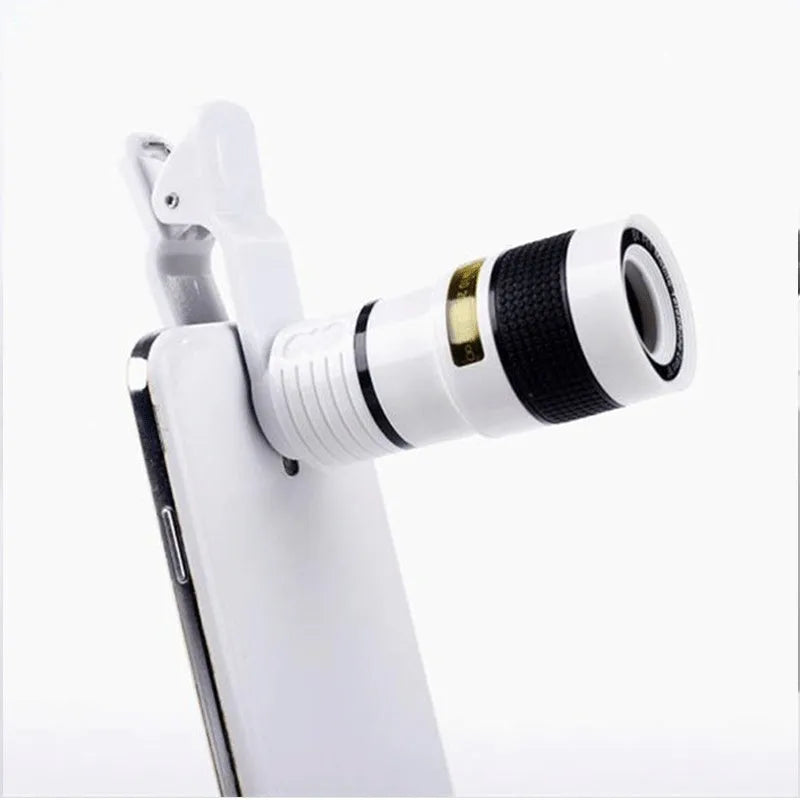 12x magnification phone telescope lens with mounting clip on a smartphone