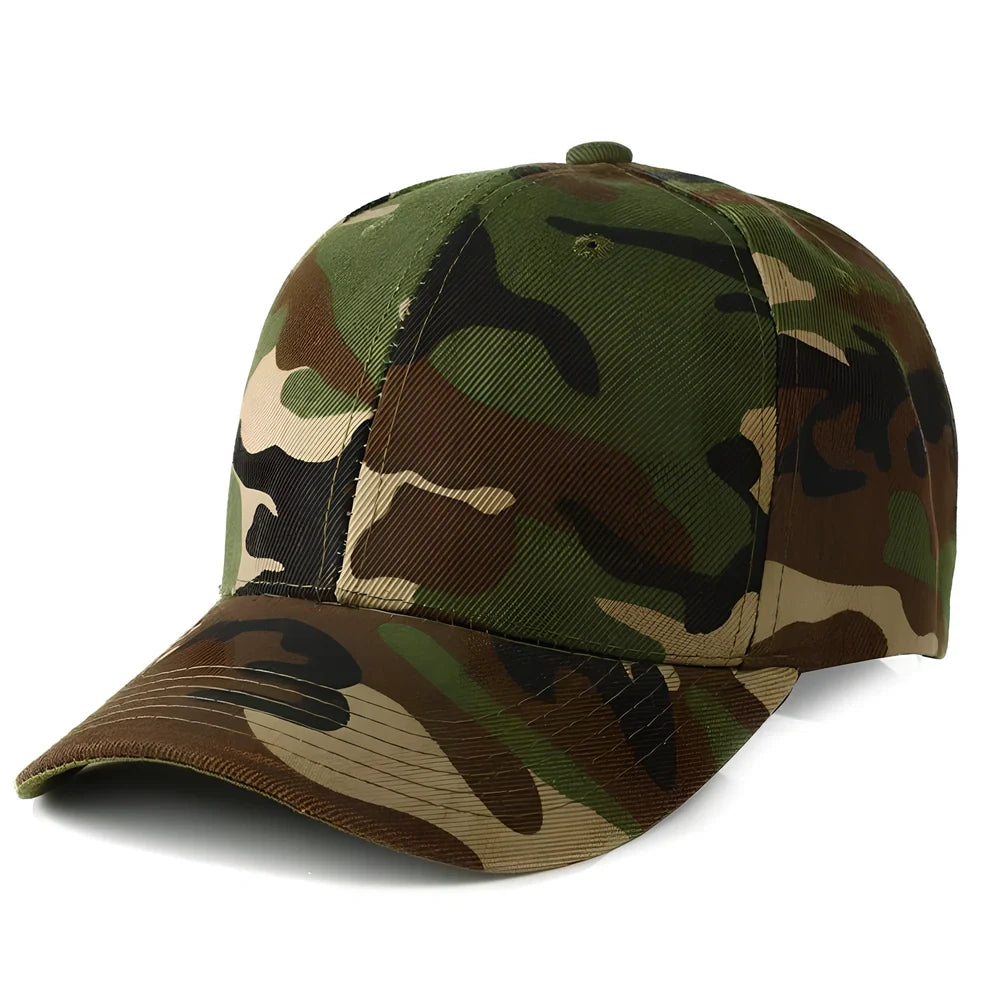 Green camouflage baseball cap with wide 7-8 cm brim, flat eaves, and dome top for outdoor sun protection