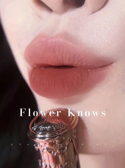 Flower Knows Strawberry Rococo Series Embossed Blush Velvet Matte Lip Glaze in vintage-inspired packaging
