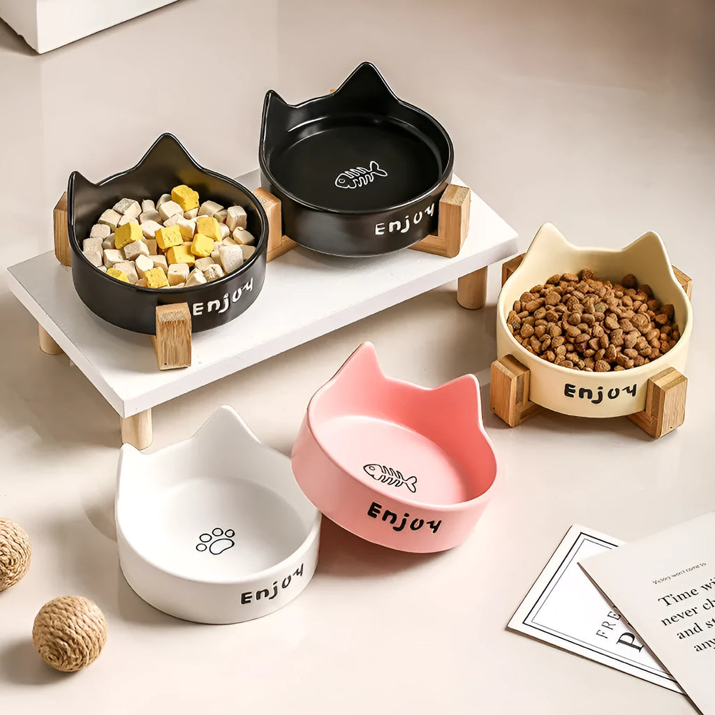 Porcelain cat bowl with cat ear design and wooden frame in choice of colours and patterns