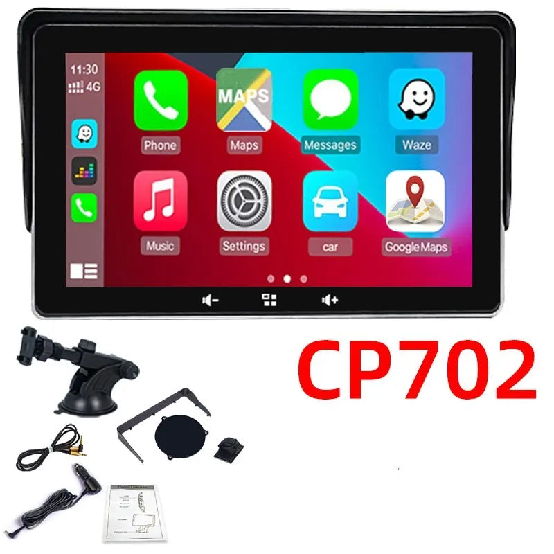 7 inch wireless CarPlay display for car dashboard with suction cup mount and cigarette lighter power cable