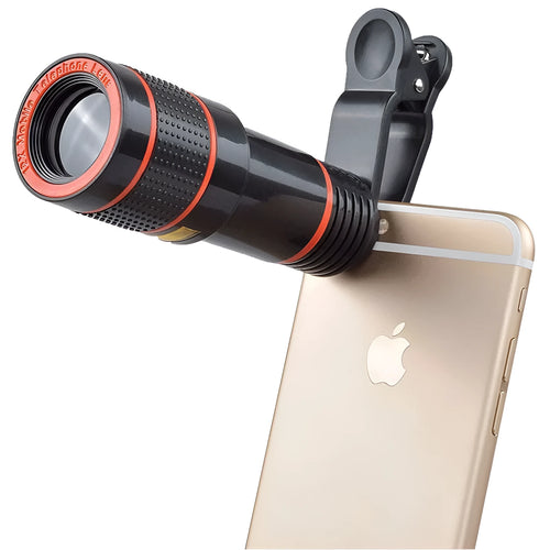 12x magnification phone telescope lens with mounting clip on a smartphone