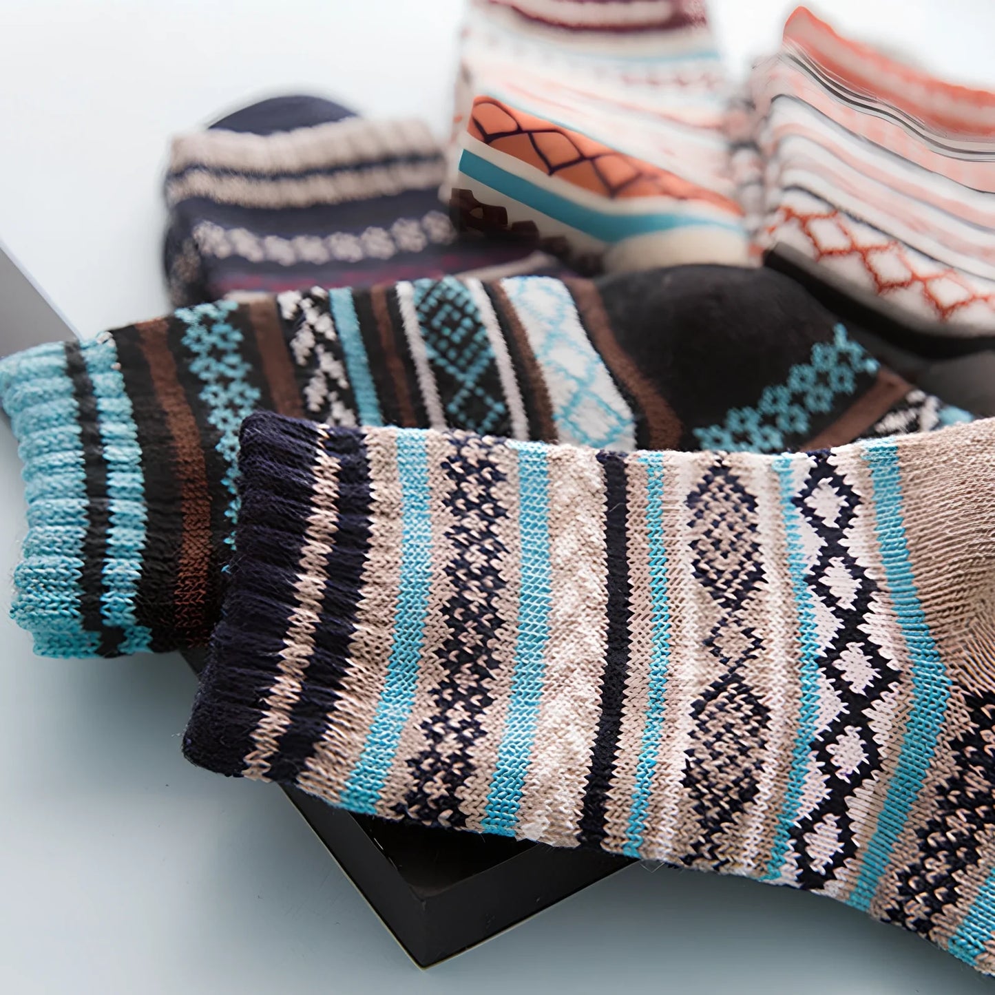 Pack of 5 thick stripe wool blend socks in various colours, featuring 15% rabbit hair for winter warmth, fitting sizes 39-42