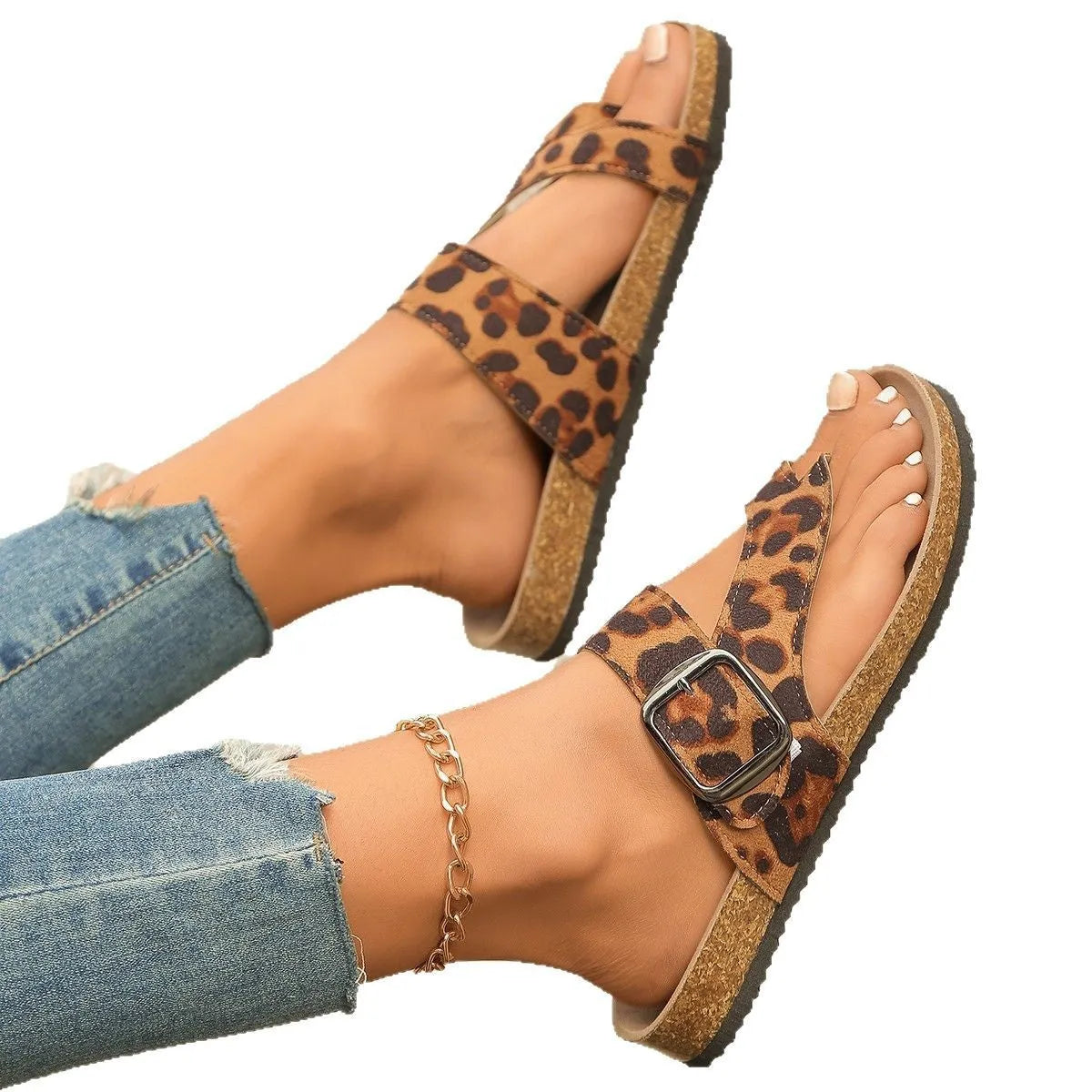 Leopard print Roman style slippers with round toe covering and wooden sole