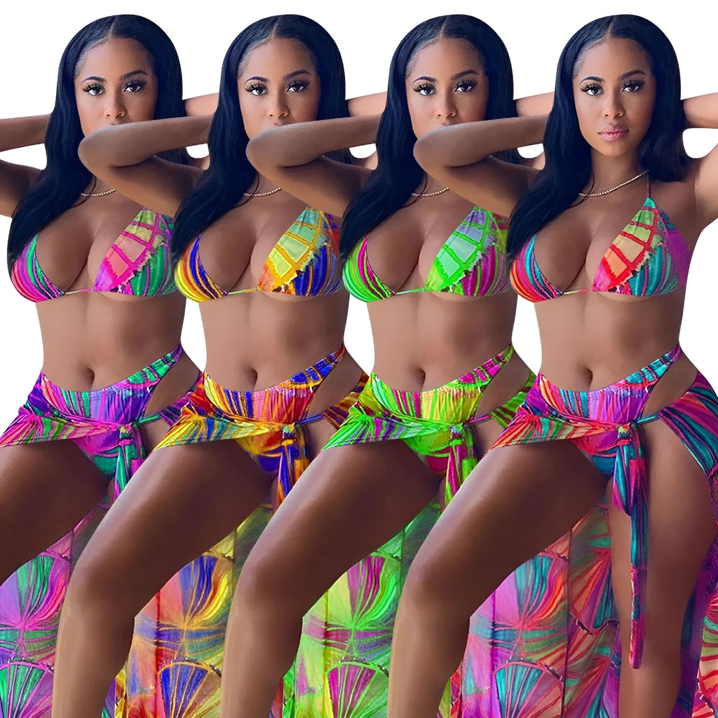 Split swimsuit bikini three-piece floral gradient print nylon women beach swimwear green orange red