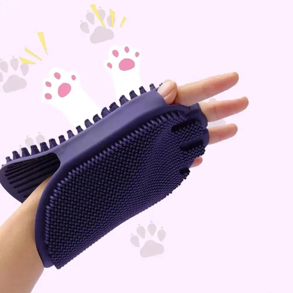 Purple pet grooming brush with soft silicone bristles and ergonomic TPR handle