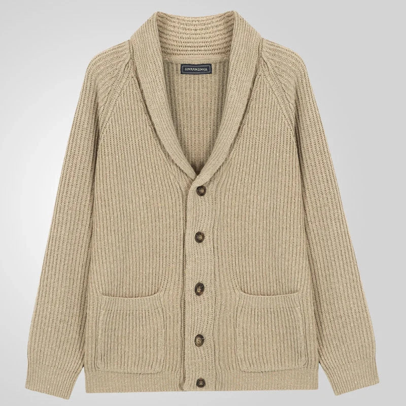 Men's khaki lapel knitting cardigan with pockets, long sleeves, and straight cut design