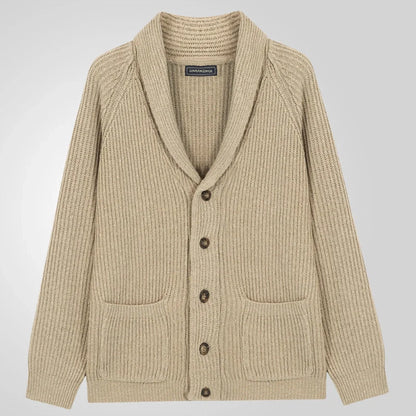Men's khaki lapel knitting cardigan with pockets, long sleeves, and straight cut design