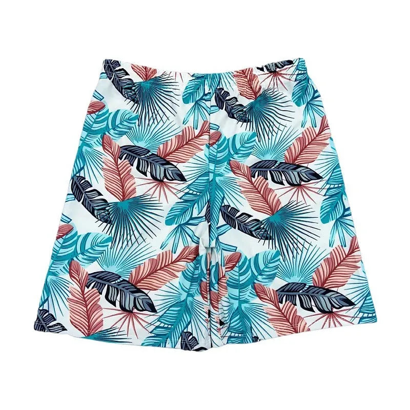 Men's cropped beach pants swimming trunks in multicolour leaf pattern with polyester spandex fabric
