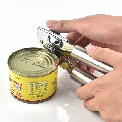 Stainless steel can opener with universal packaging options for easy kitchen use