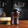 Manual coffee machine with solid wood barrel grinder and hand crank in coffee colour