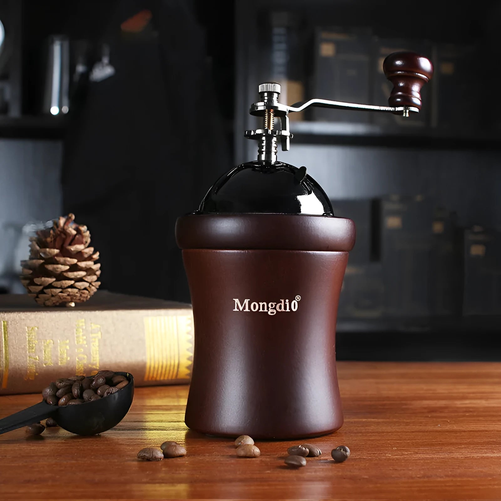 Manual coffee machine with solid wood barrel grinder and hand crank in coffee colour