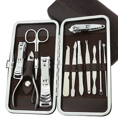 12-piece manicure kit with carbon steel tools including nail clippers and scissors in compact case