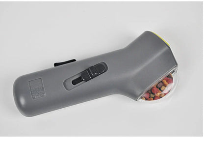Dog Training Snack Launcher in grey, dimensions 18cm x 7.5cm x 3.5cm