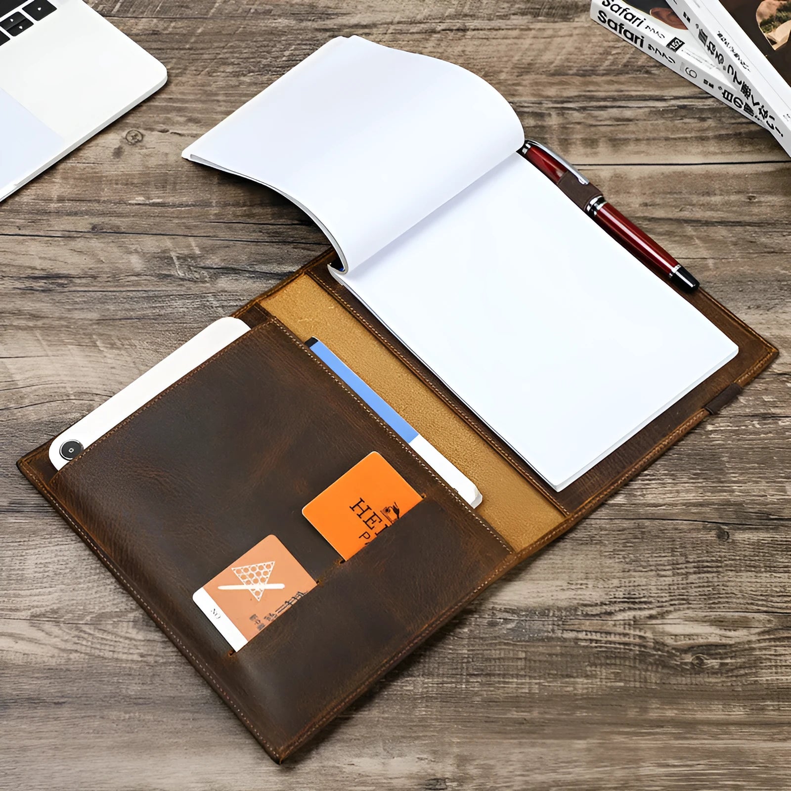 Brown Crazy Horse leather A5 notebook protective sleeve with square shape