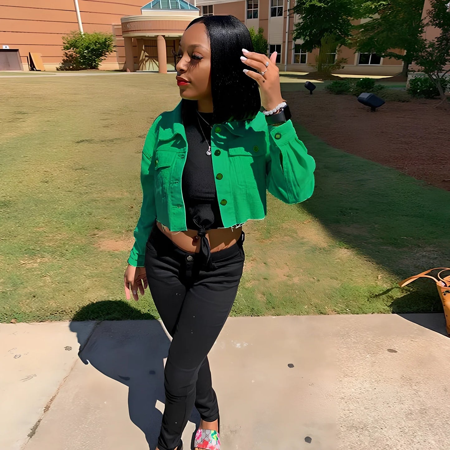 Orange cropped women's denim jacket with lapel collar, long sleeves 46cm, pockets, length 41cm, 0.35kg weight