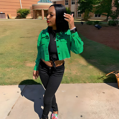 Orange cropped women's denim jacket with lapel collar, long sleeves 46cm, pockets, length 41cm, 0.35kg weight