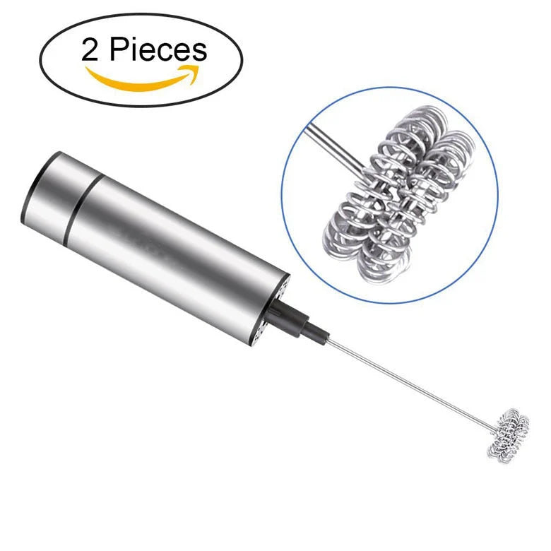 Handheld electric milk frother and blender in silver, with detachable whisk head