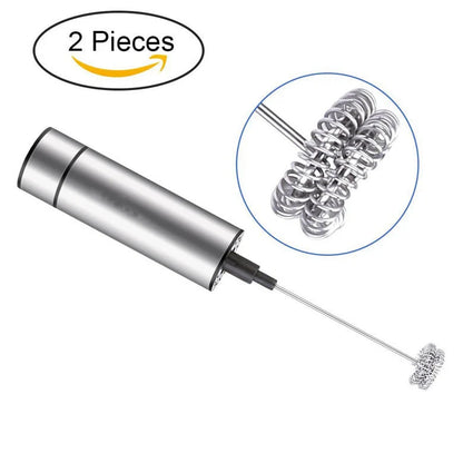 Handheld electric milk frother and blender in silver, with detachable whisk head