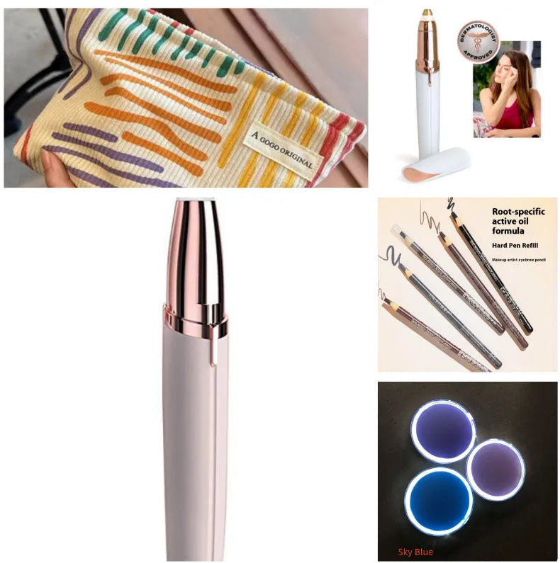 Gold-plated eyebrow epilator trimmer pen with LED light on white background