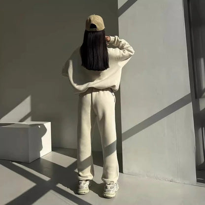 Y2K Winter Jogging Women Two Piece Set in apricot and navy blue, sizes S to XL