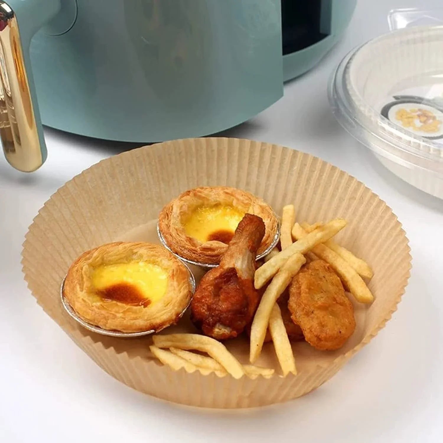 Premium disposable air fryer liners made of heat-resistant parchment paper, designed to keep your appliance clean and make cooking mess-free.