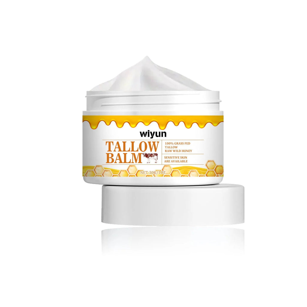 30g anti-wrinkle moisturising skincare cream jar with tallow, honey, vitamin E, and glycerin on white background