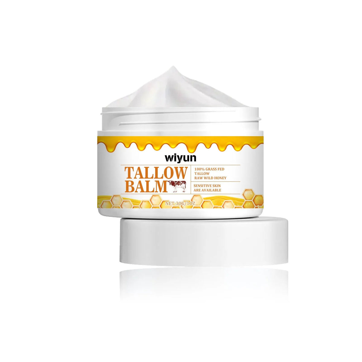 30g anti-wrinkle moisturising skincare cream jar with tallow, honey, vitamin E, and glycerin on white background