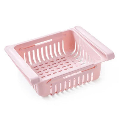 Stretchable refrigerator storage basket in white, blue, pink, and apricot colours