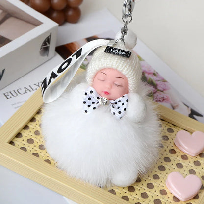 Hand-woven fox fur sleeping doll plush keychain pendant with or without bow