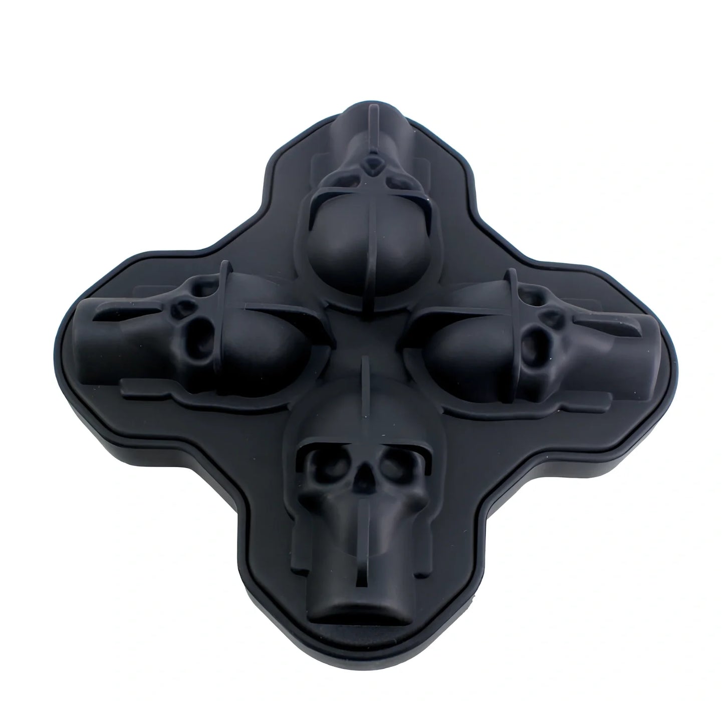 Black silicone ice cube tray with four skull-shaped cavities measuring 12cm long