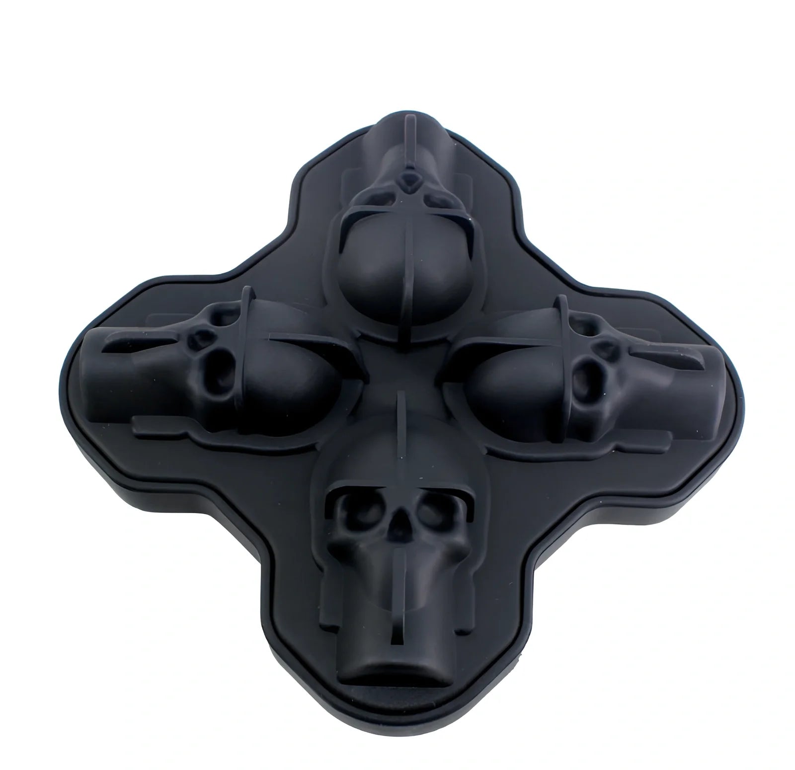 Black silicone ice cube tray with four skull-shaped cavities measuring 12cm long