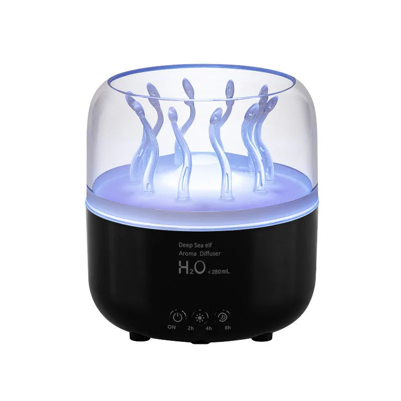 Wood grain rotating jellyfish ambience light humidifier with remote control and ultrasonic mist