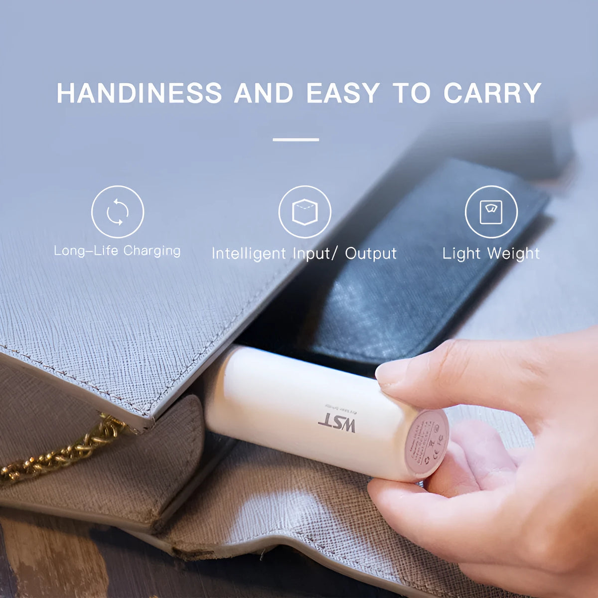 Mini portable pocket power bank 3350mAh cylindrical aluminium shell plastic casing White
