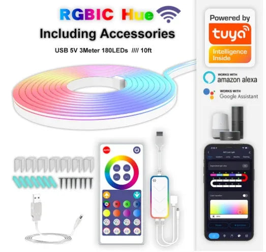 3-metre long flexible USB RGB neon LED light strip with remote control on a white background.