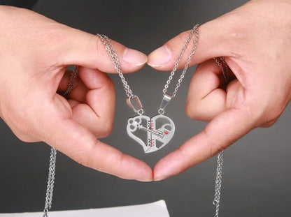 Stainless steel love necklace set for couples with adjustable chain in gold, black, and silver