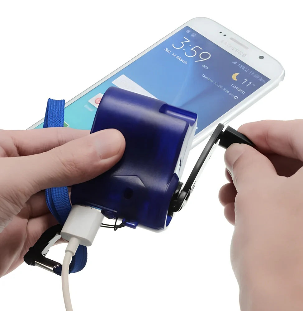 Green SpinIT hand-winding USB charger, 57x45x30mm dynamo with LED for 300mA mobile power generation