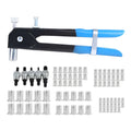 Alloy steel manual riveter gun with a case of rivet nuts from an 86-piece or 106-piece kit.