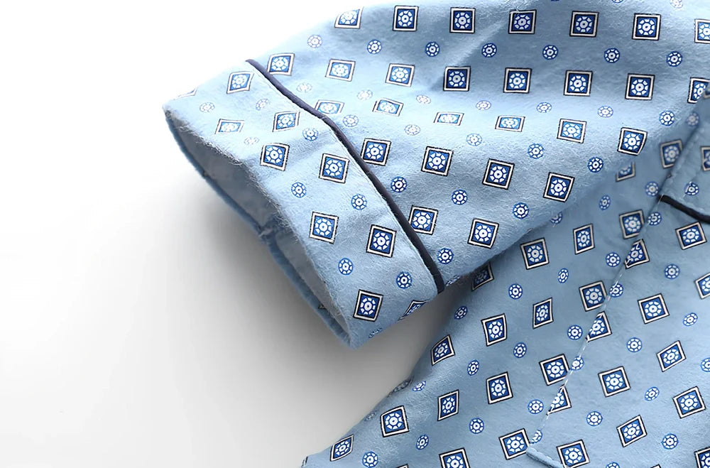 Men's brushed cotton long-sleeved lapel pajama set in blue grid pattern, size M with 72 cm top and 100 cm trousers