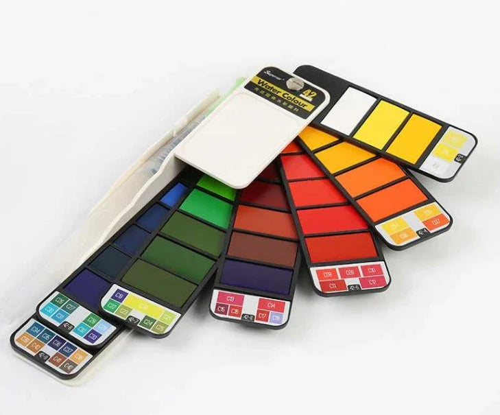 Compact foldable watercolor paint set with brush pen and 42 vibrant colors