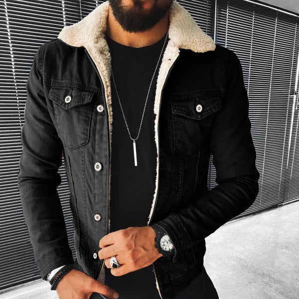 Lamb wool thickening denim jacket for men, black, side seam pockets, regular fit, winter wear