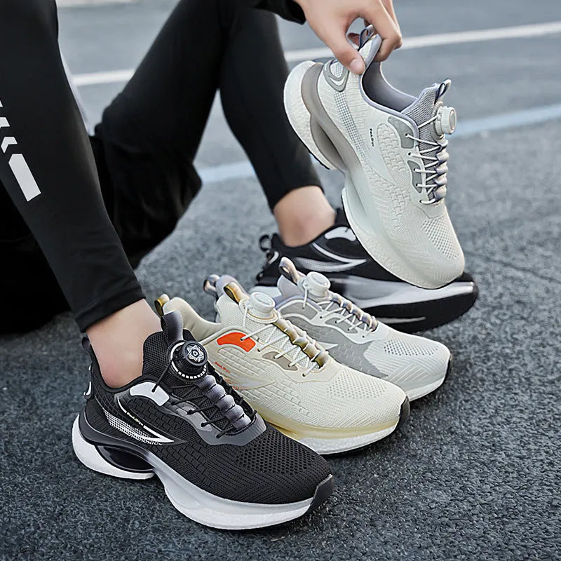 Men's white Fly-knit mesh running shoes with a rotating buckle fastener and TPU sole.