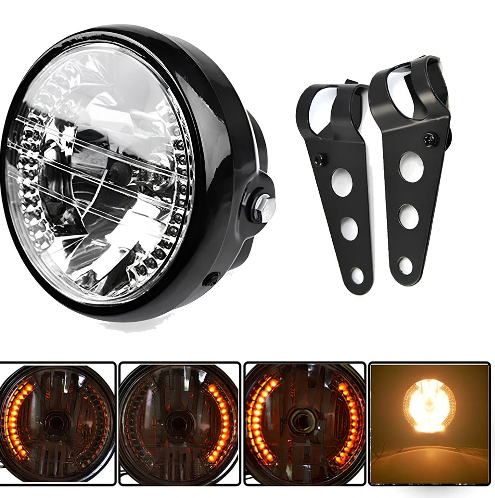 7-inch black ABS motorcycle headlight with yellow LED turn signals and adjustable brackets for cafe racer fit