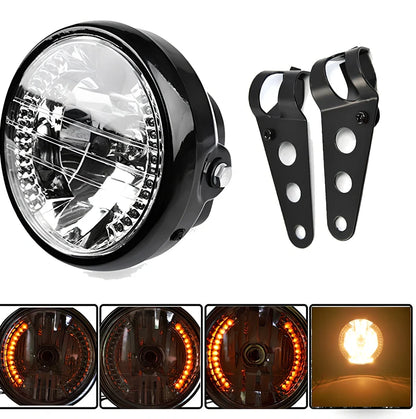 7-inch black ABS motorcycle headlight with yellow LED turn signals and adjustable brackets for cafe racer fit