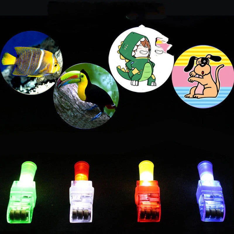 LED Finger Light Ring projecting cartoon patterns at a kids' party