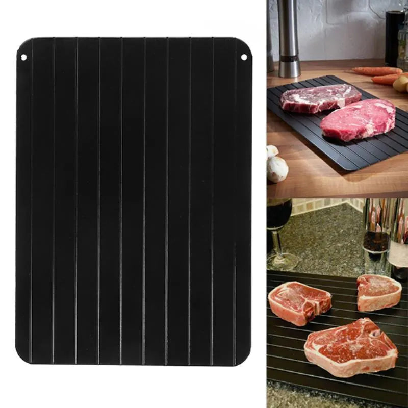 Black aluminium kitchen defrosting tray for thawing frozen food without electricity