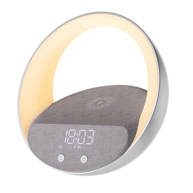 Beige or grey multifunctional desk unit with wireless charging pad, speaker grille, digital clock display, and LED light panel