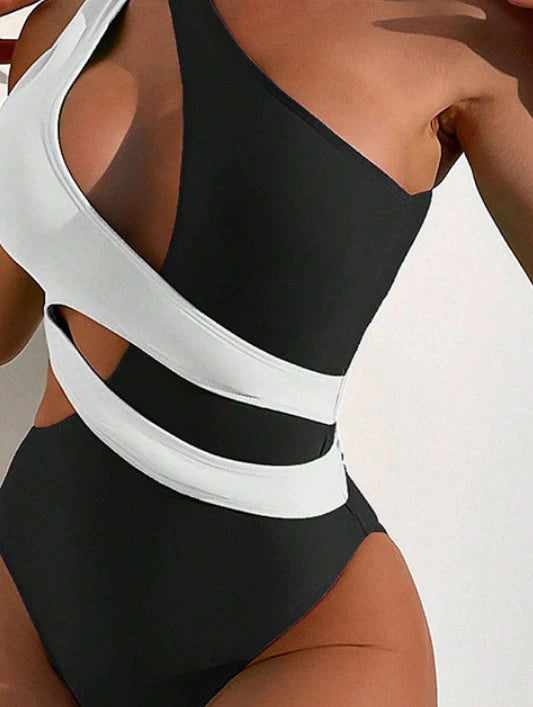 Women's black one-piece swimsuit with cross-colour lace-up front design for adjustable fit during swimming