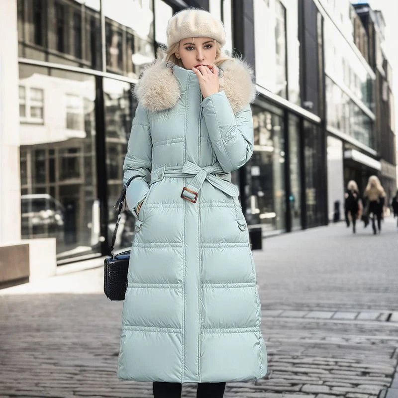 Winter long jacket with fur hood and belt for women in various colours