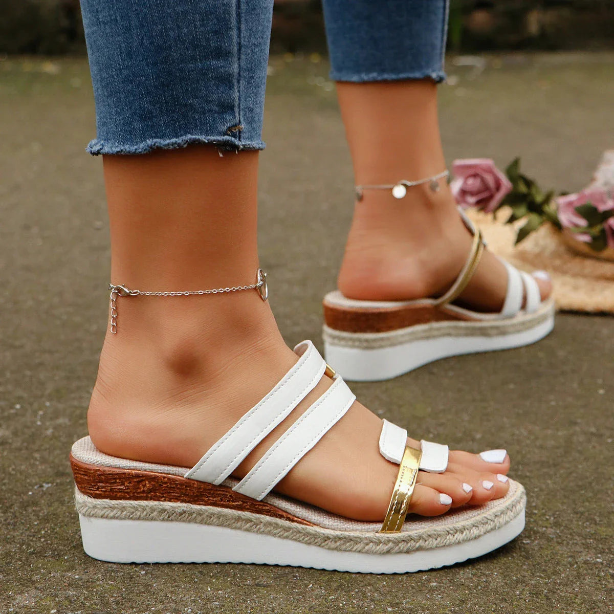 Stylish colorblock wedge sandals with adjustable straps, cushioned insole, and durable non-slip sole for comfortable summer fashion